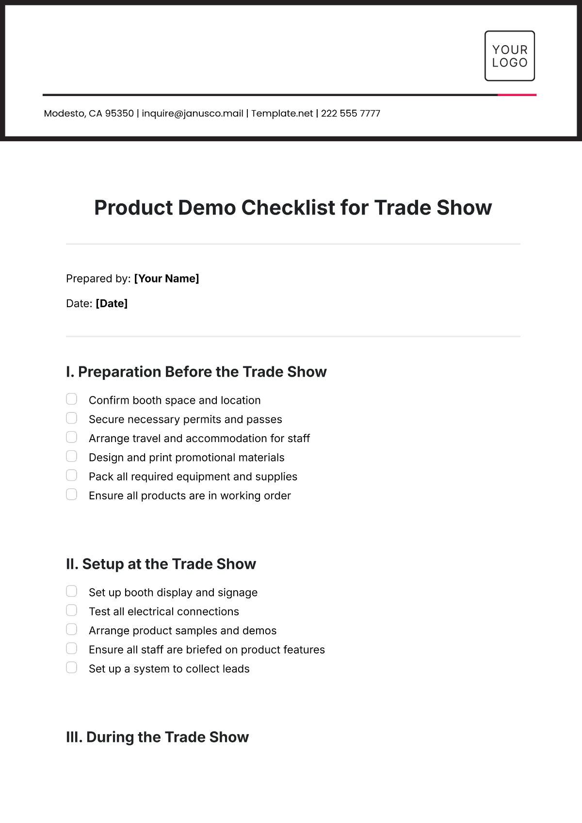 Product Demo Checklist for Trade Show Template - Edit Online & Download