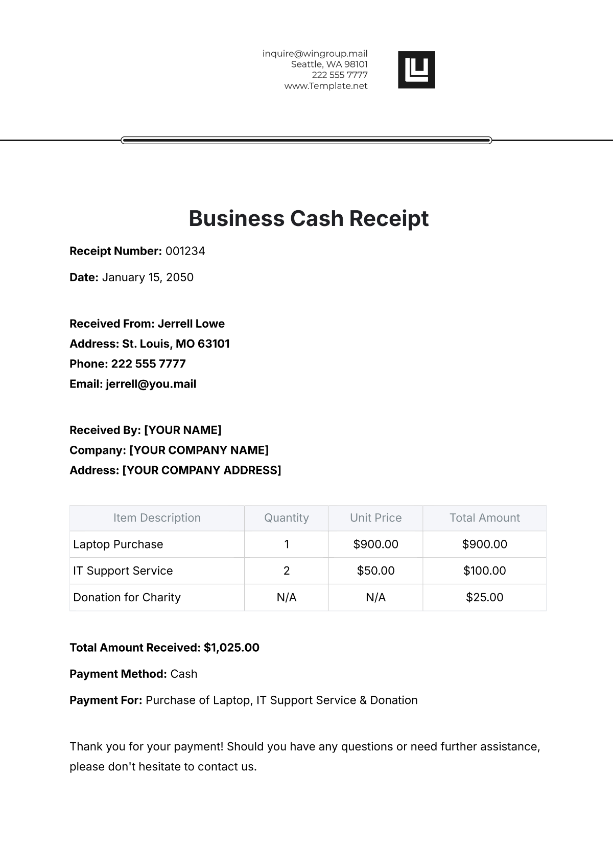 Business Cash Receipt Template - Edit Online & Download