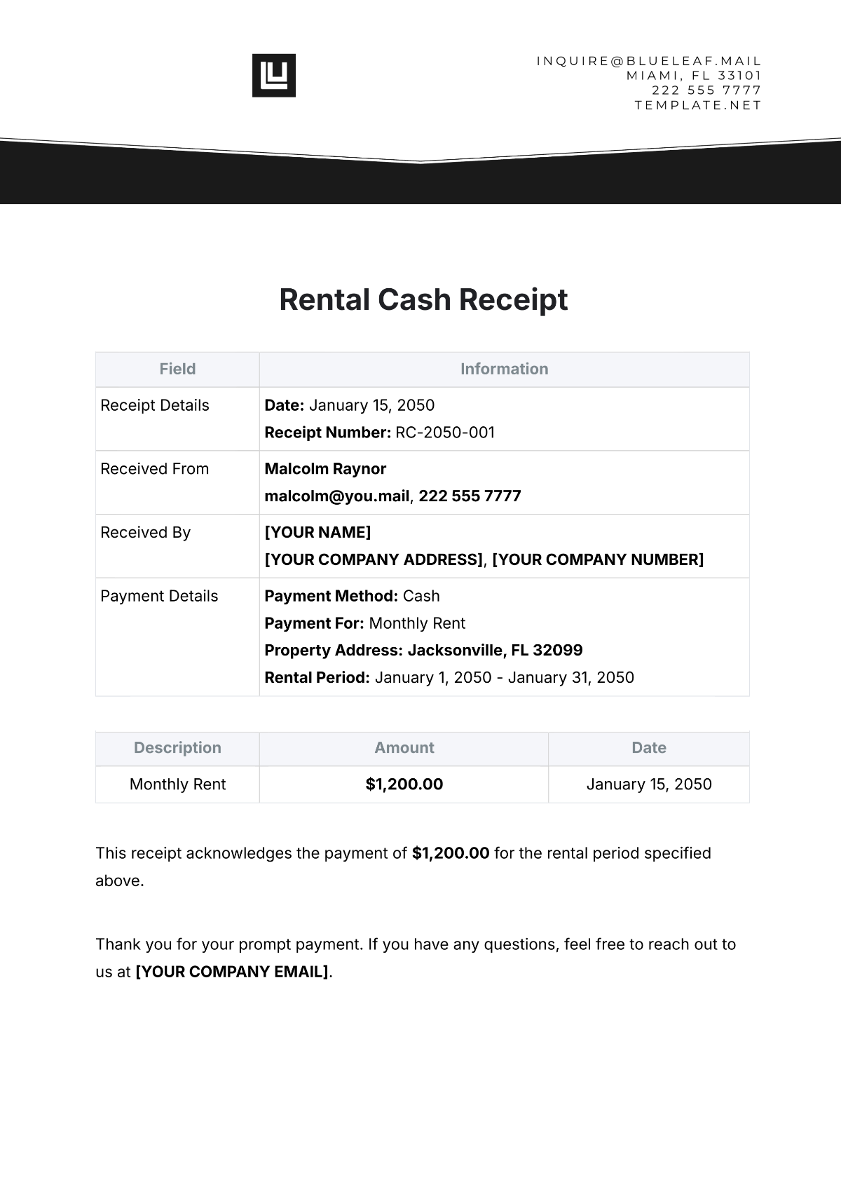 Rental Cash Receipt Template - Edit Online & Download