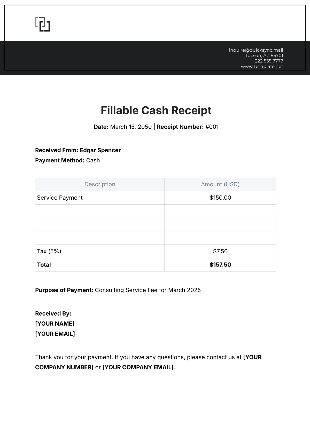 Fillable Cash Receipt Template - Edit Online & Download