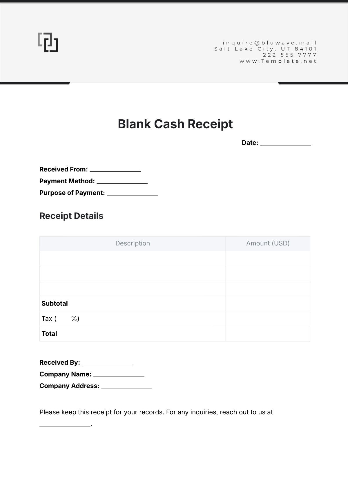 Blank Cash Receipt Template - Edit Online & Download