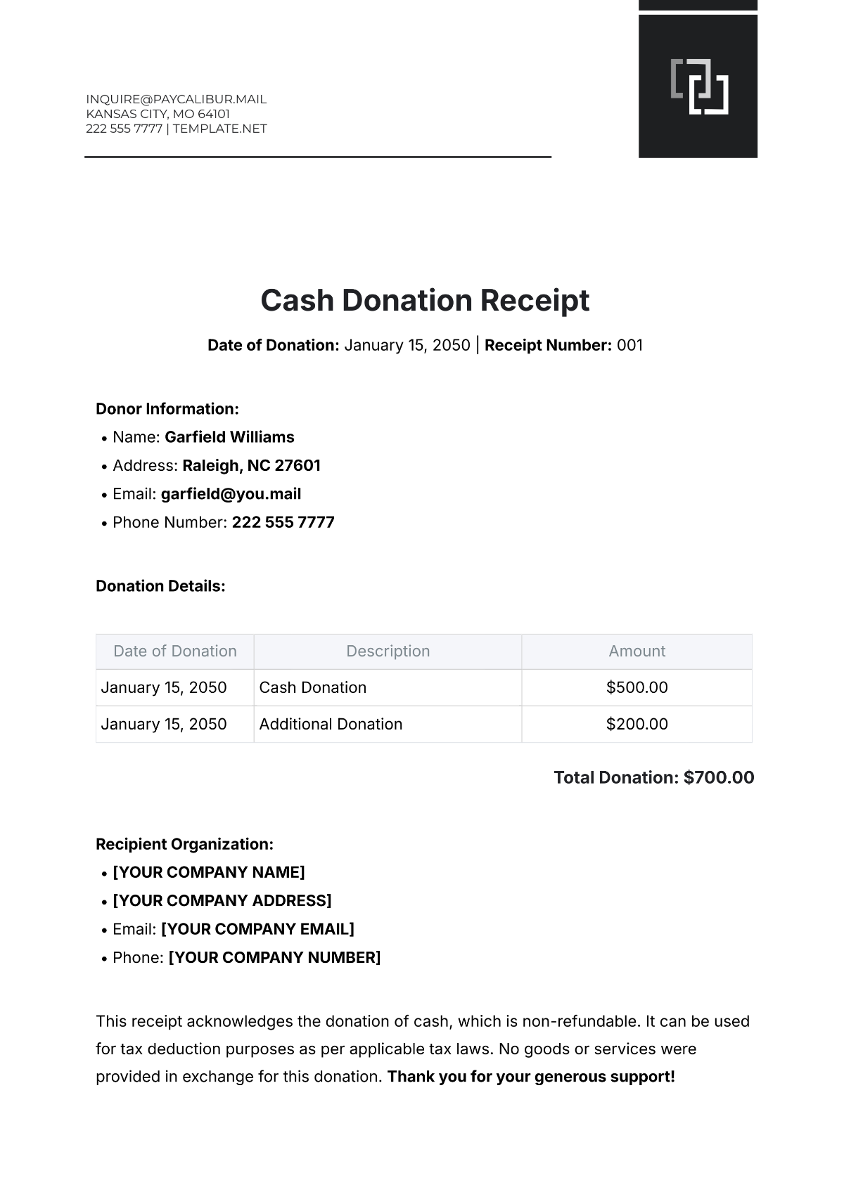 Cash Donation Receipt Template - Edit Online & Download