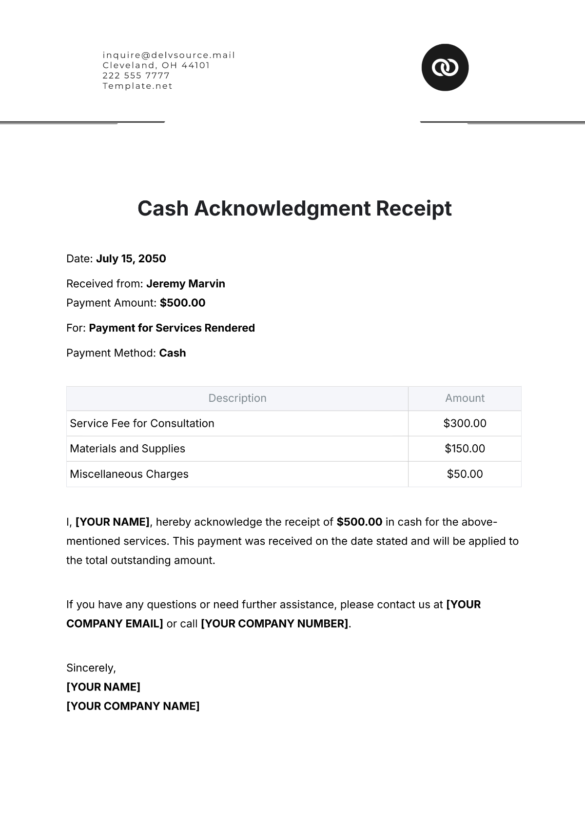 Cash Acknowledgment Receipt Template - Edit Online & Download