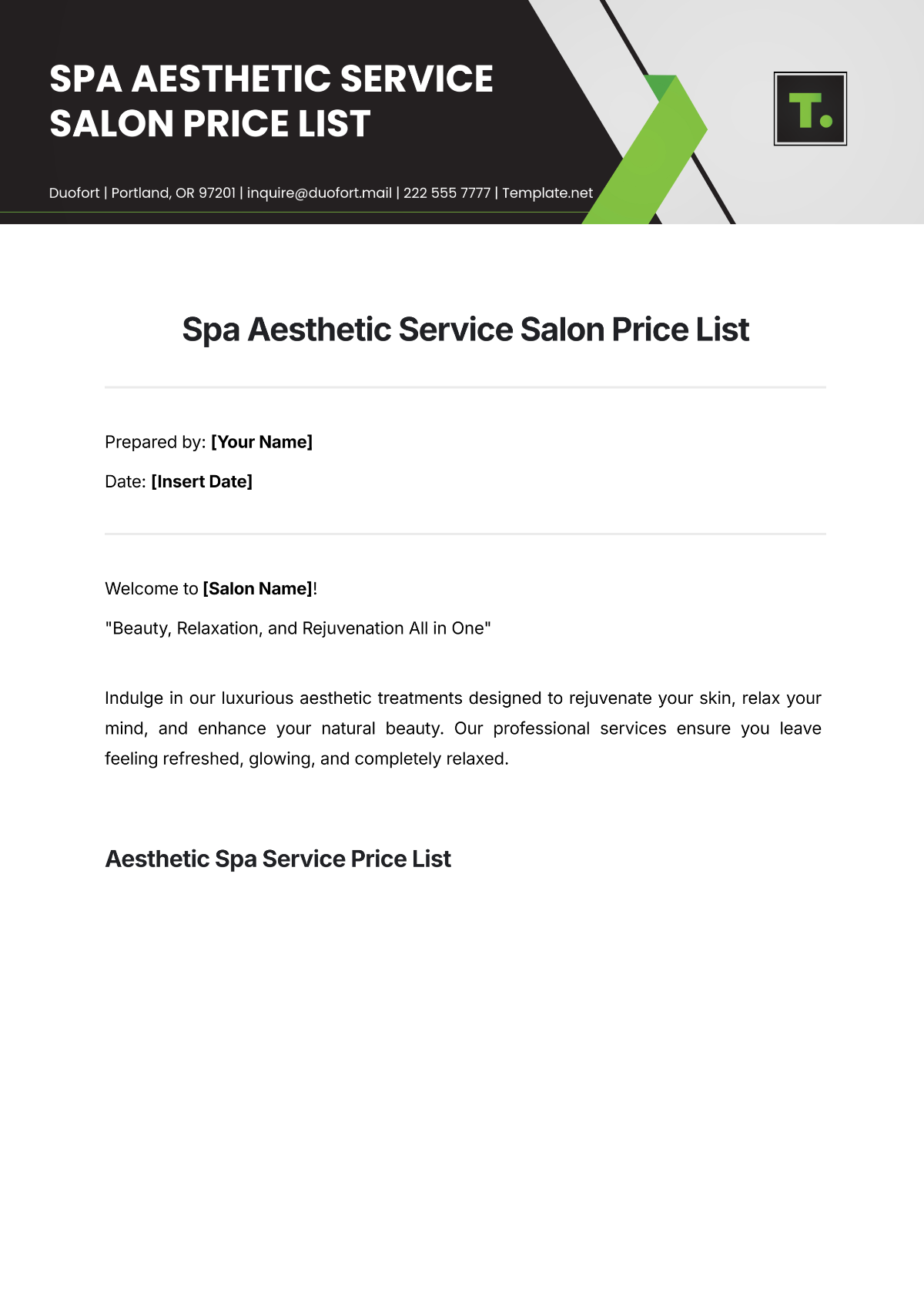 Spa Aesthetic Service Salon Price List Template - Edit Online & Download