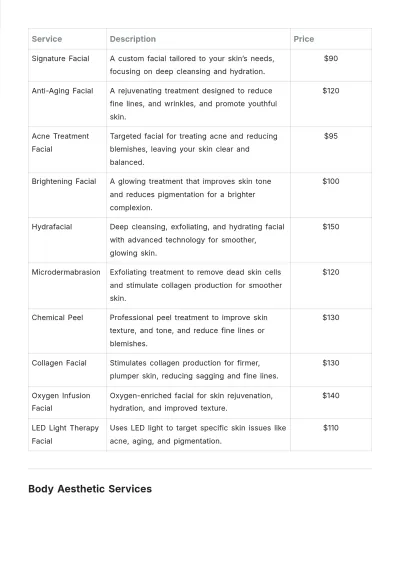 Free Spa Aesthetic Service Salon Price List Template to Edit Online