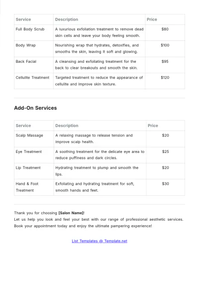 Free Spa Aesthetic Service Salon Price List Template to Edit Online