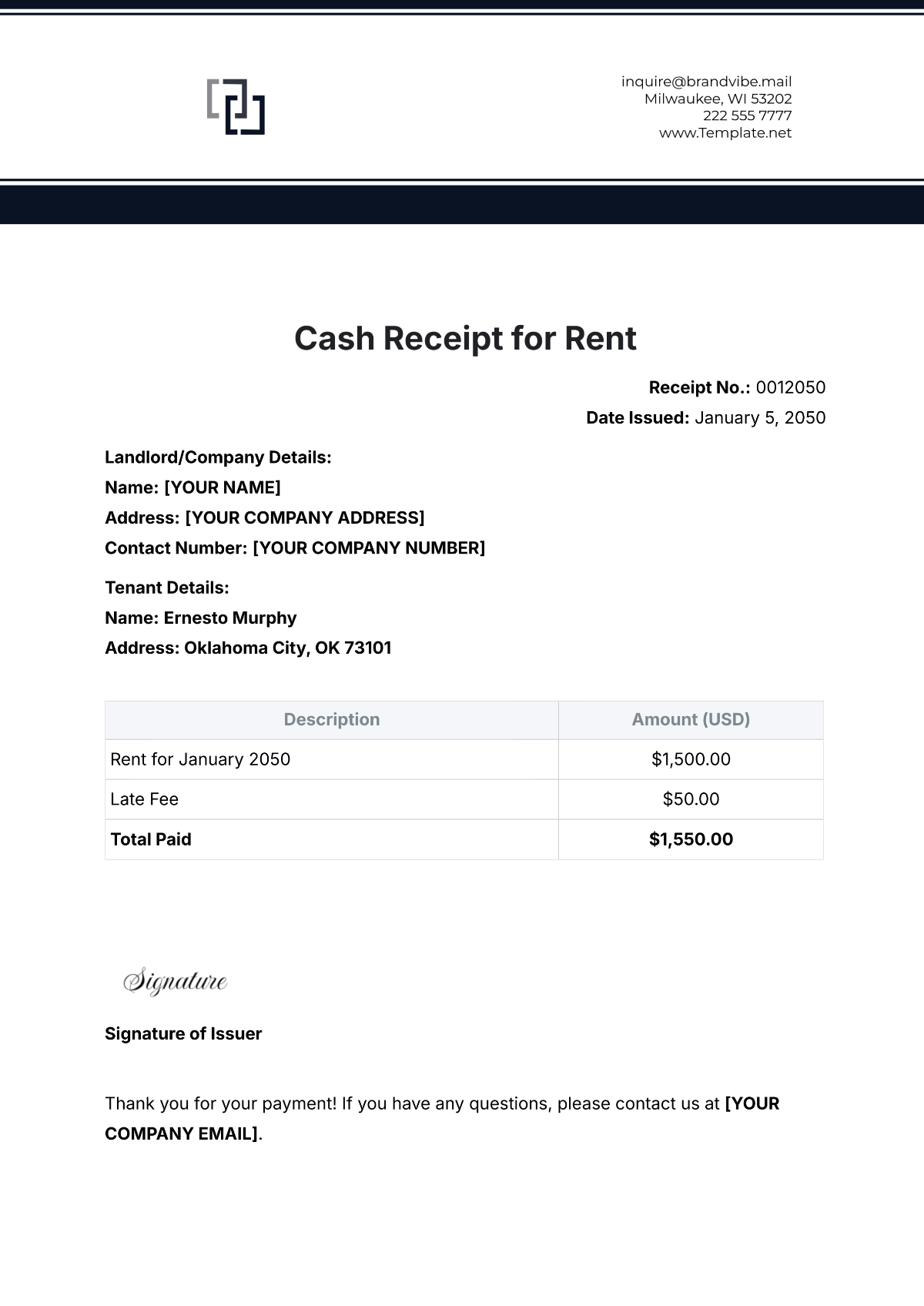 Cash Receipt for Rent Template - Edit Online & Download