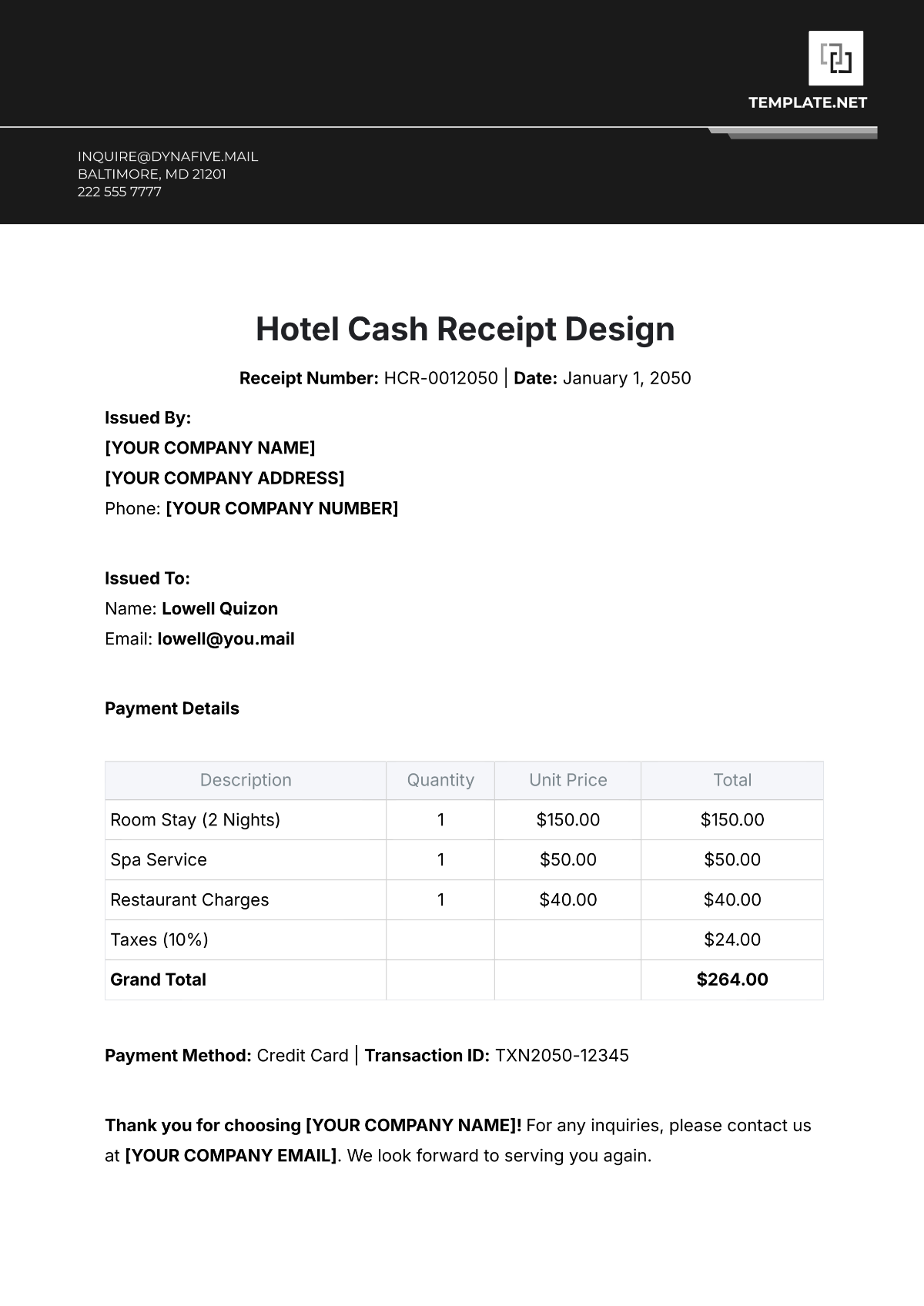 Hotel Cash Receipt Design Template - Edit Online & Download