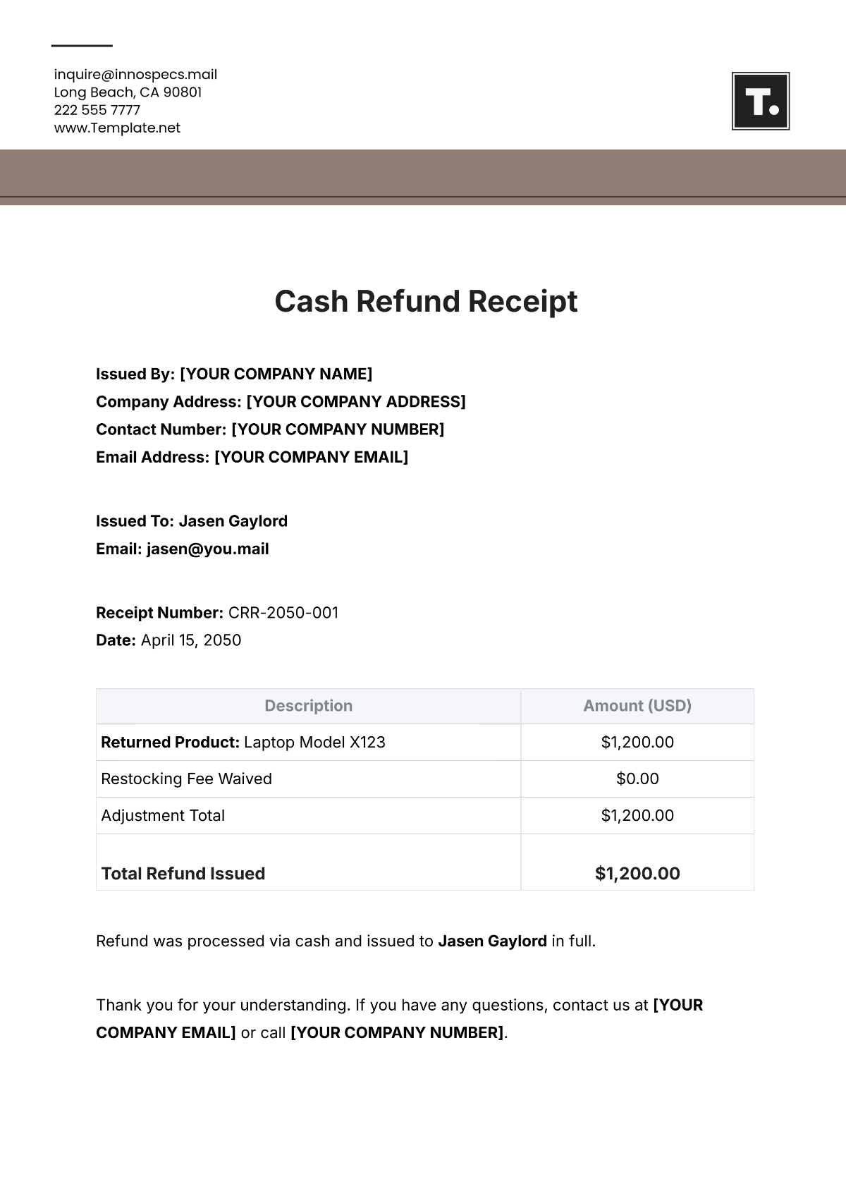 Cash Refund Receipt Template - Edit Online & Download