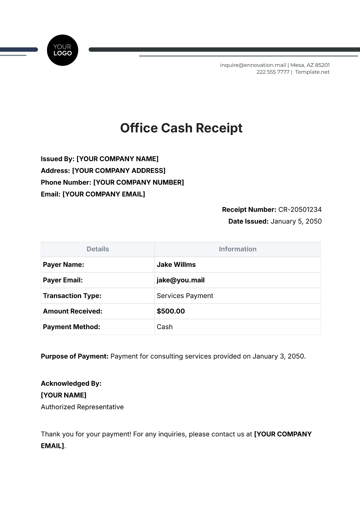 Office Cash Receipt Template - Edit Online & Download