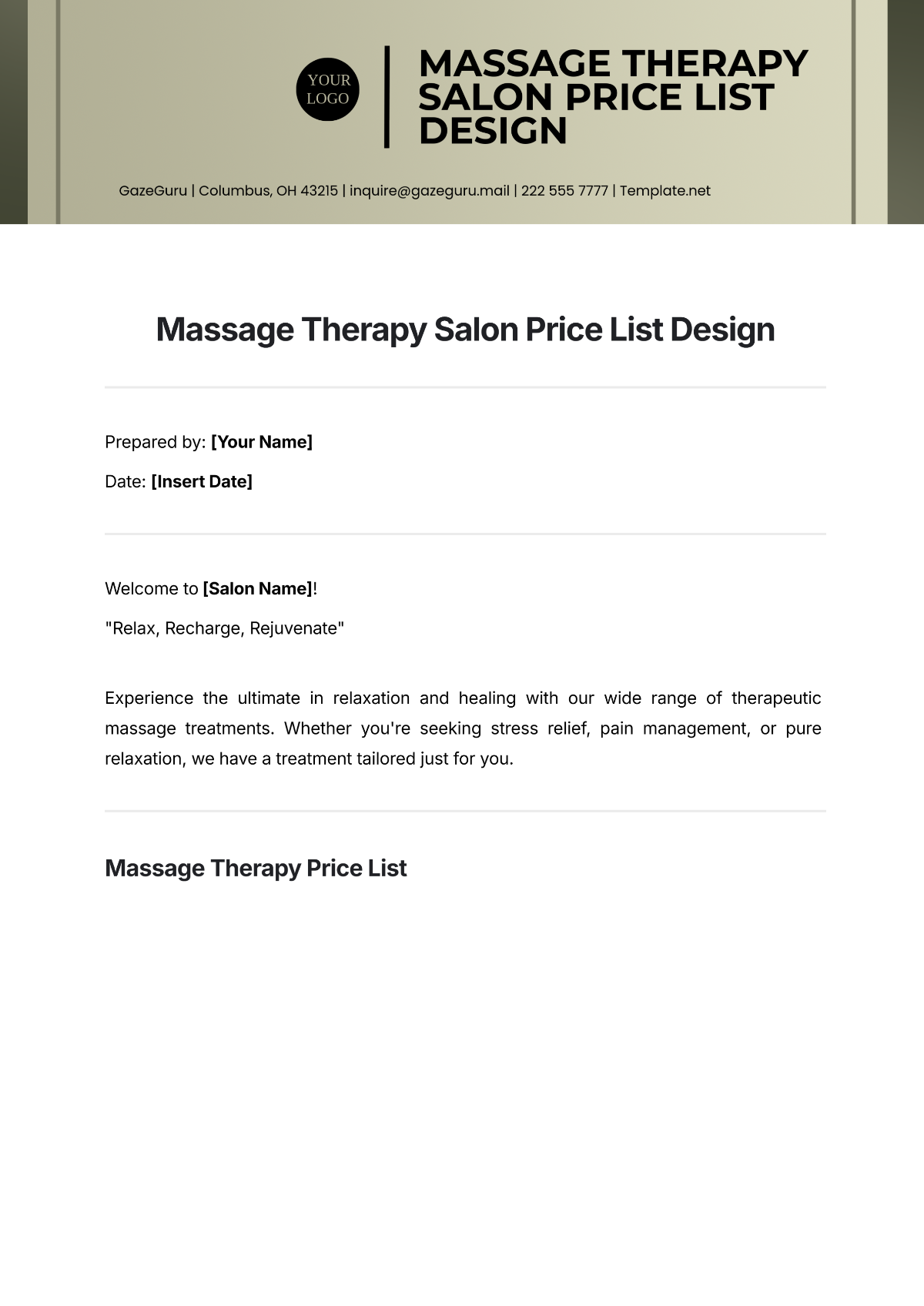 Massage Therapy Salon Price List Design Template - Edit Online & Download