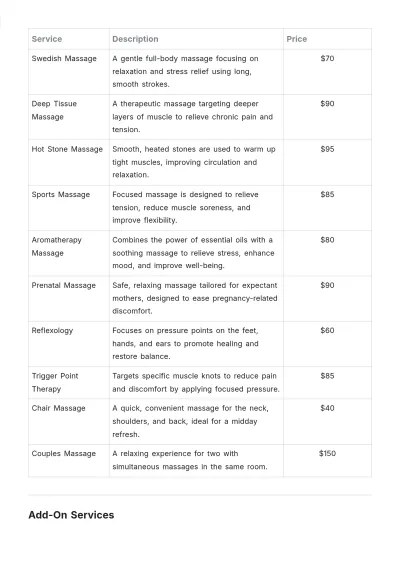 Free Massage Therapy Salon Price List Design Template to Edit Online