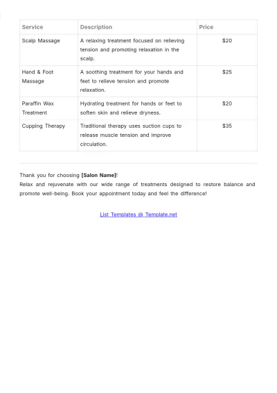 Free Massage Therapy Salon Price List Design Template to Edit Online