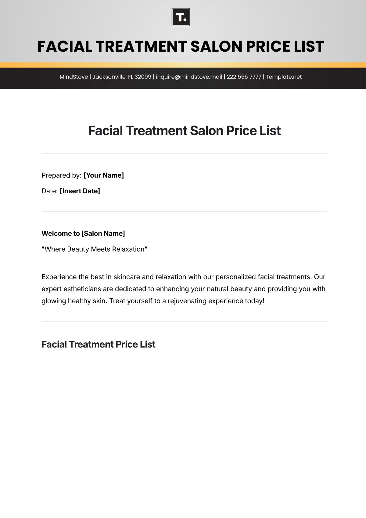 Facial Treatment Salon Price List Template - Edit Online & Download