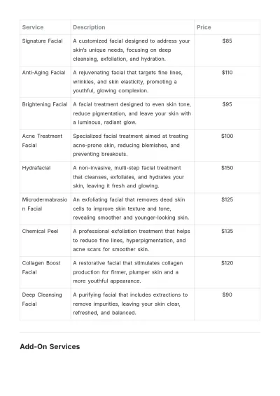 Free Facial Treatment Salon Price List Template to Edit Online
