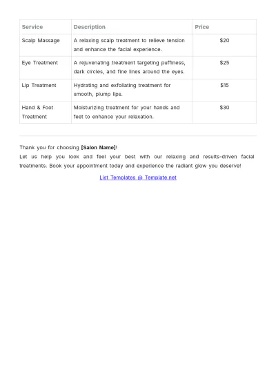 Free Facial Treatment Salon Price List Template to Edit Online