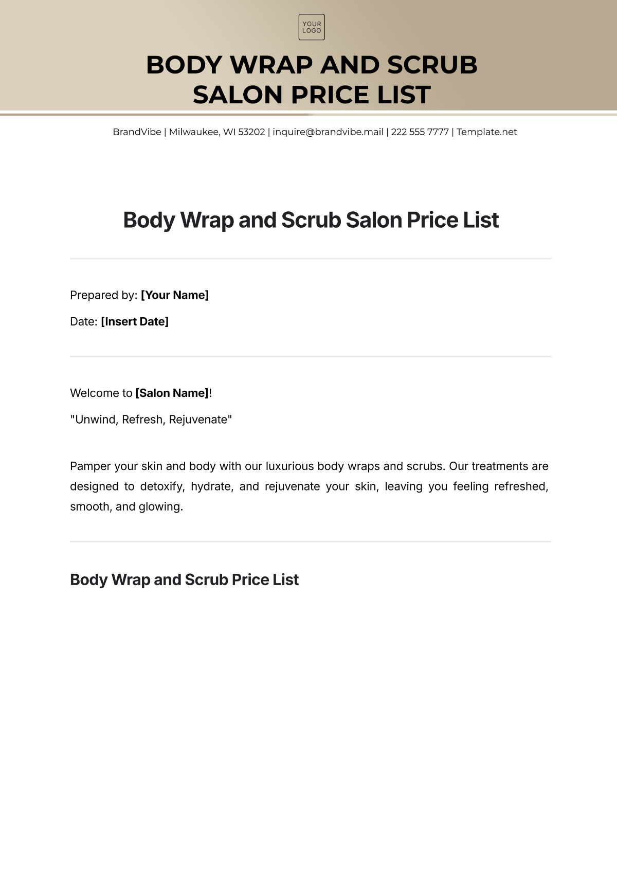 Body Wrap and Scrub Salon Price List Template - Edit Online & Download