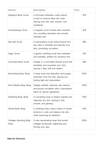 Free Body Wrap and Scrub Salon Price List Template to Edit Online