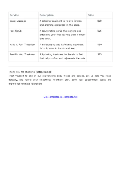 Free Body Wrap and Scrub Salon Price List Template to Edit Online