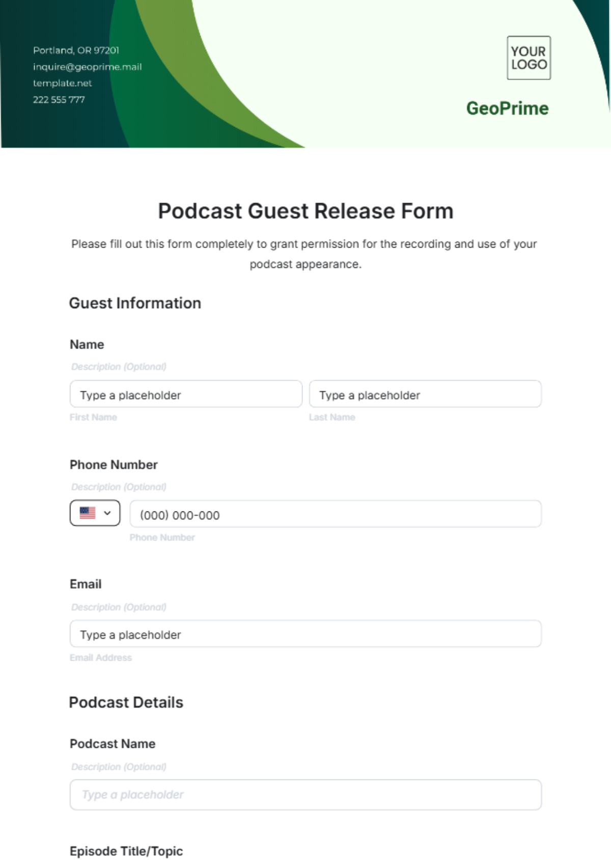 Podcast Guest Release Form Template - Edit Online & Download