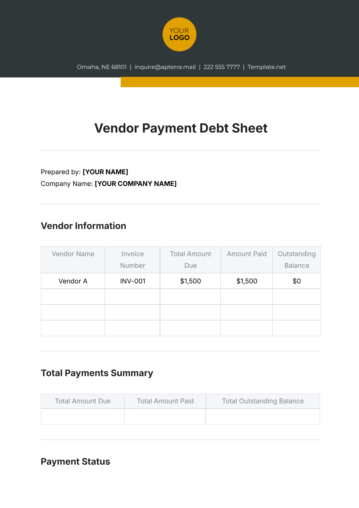 Vendor Payment Debt Sheet Template - Edit Online & Download