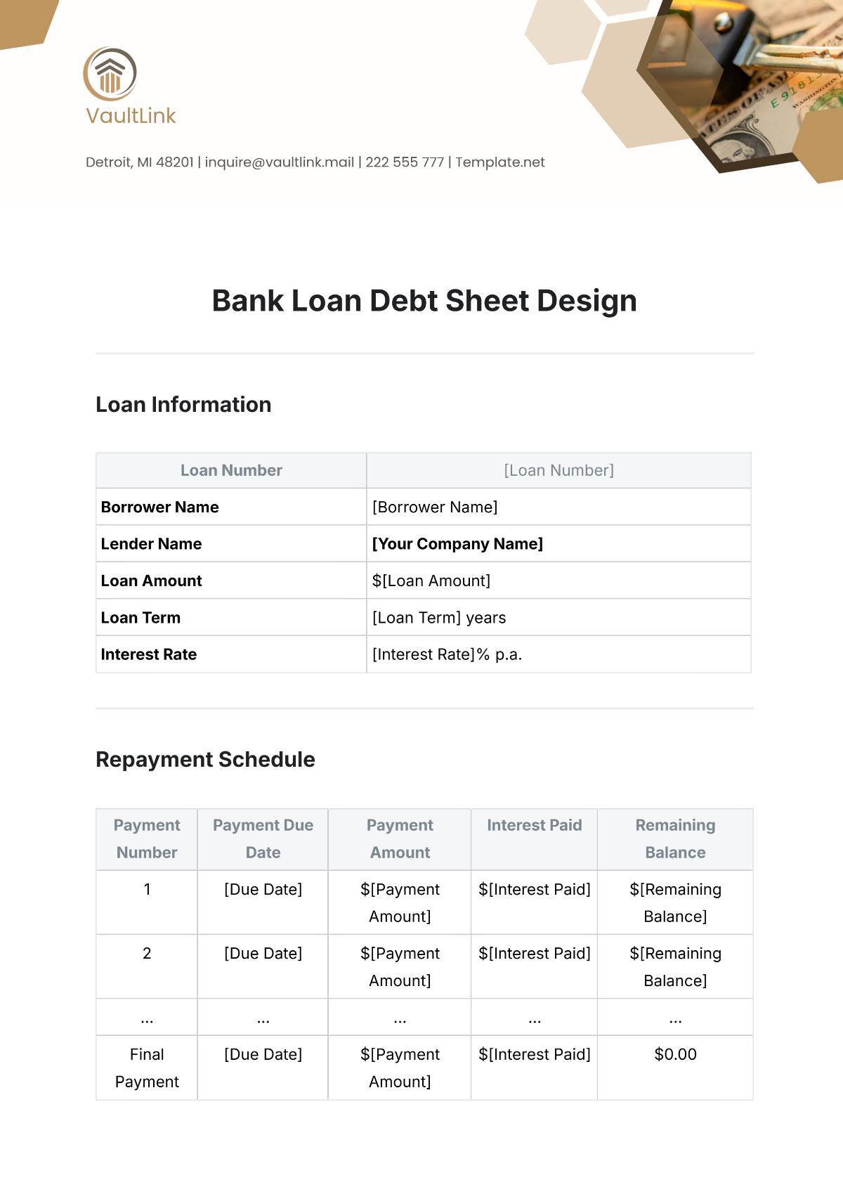 Bank Loan Debt Sheet Design Template - Edit Online & Download