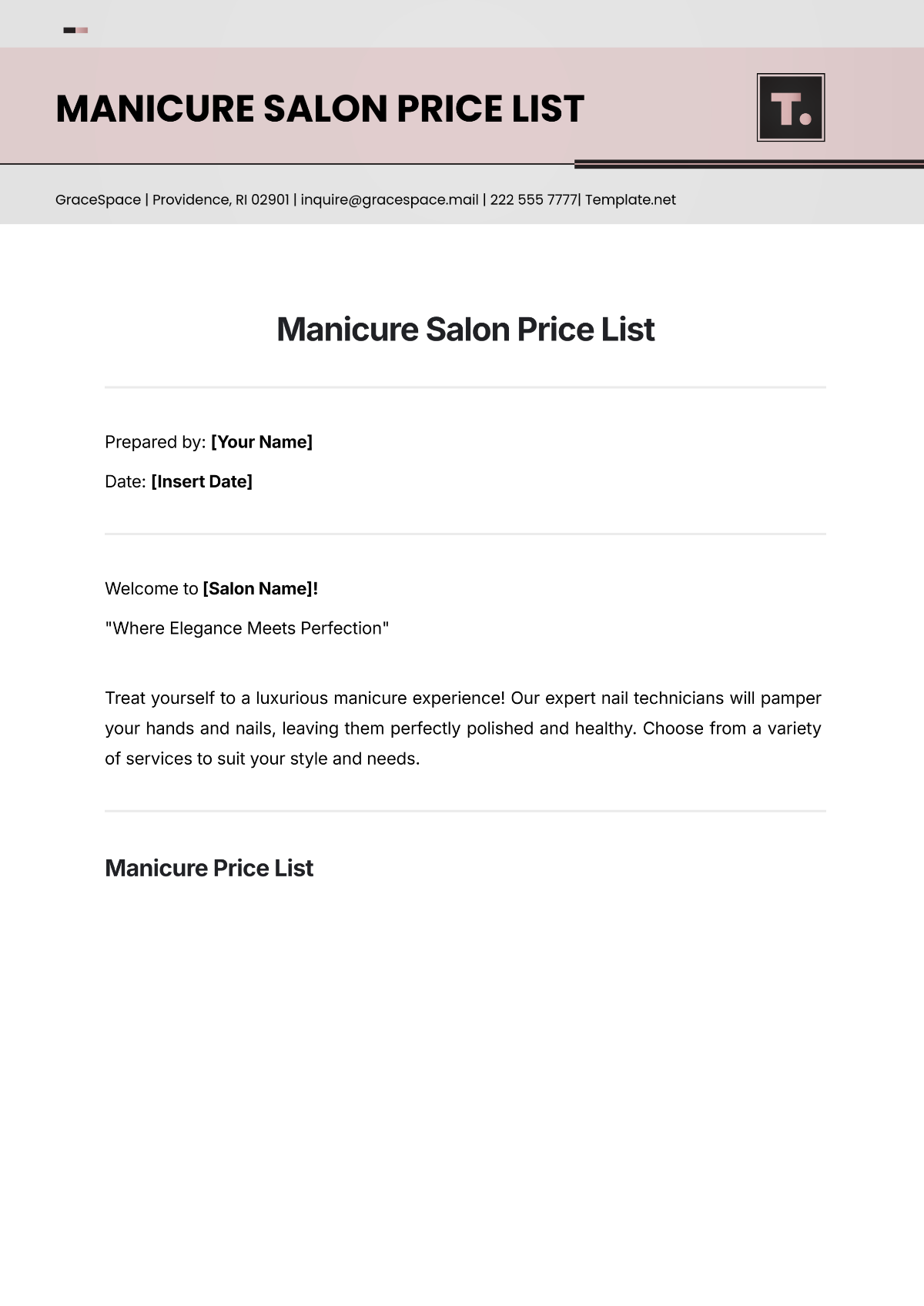 Manicure Salon Price List Template - Edit Online & Download