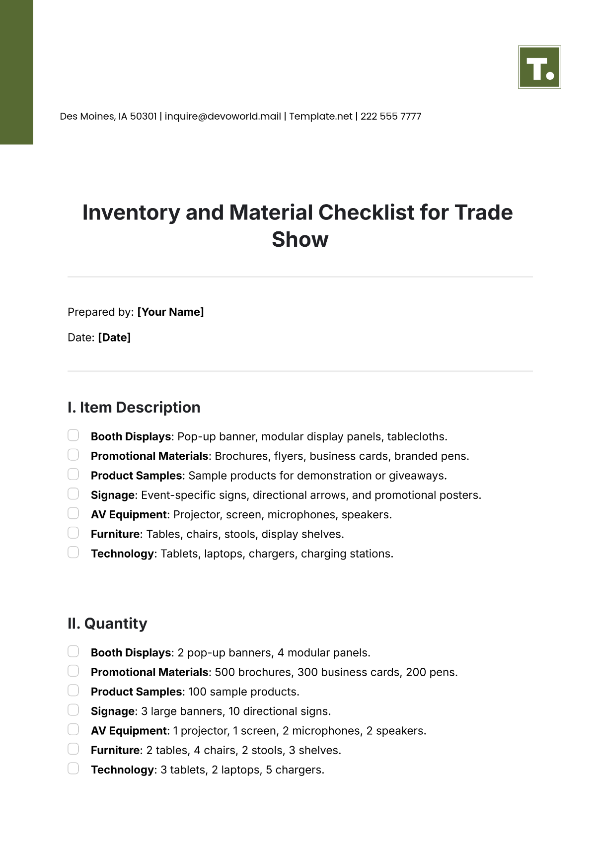 Inventory and Material Checklist for Trade Show Template - Edit Online & Download