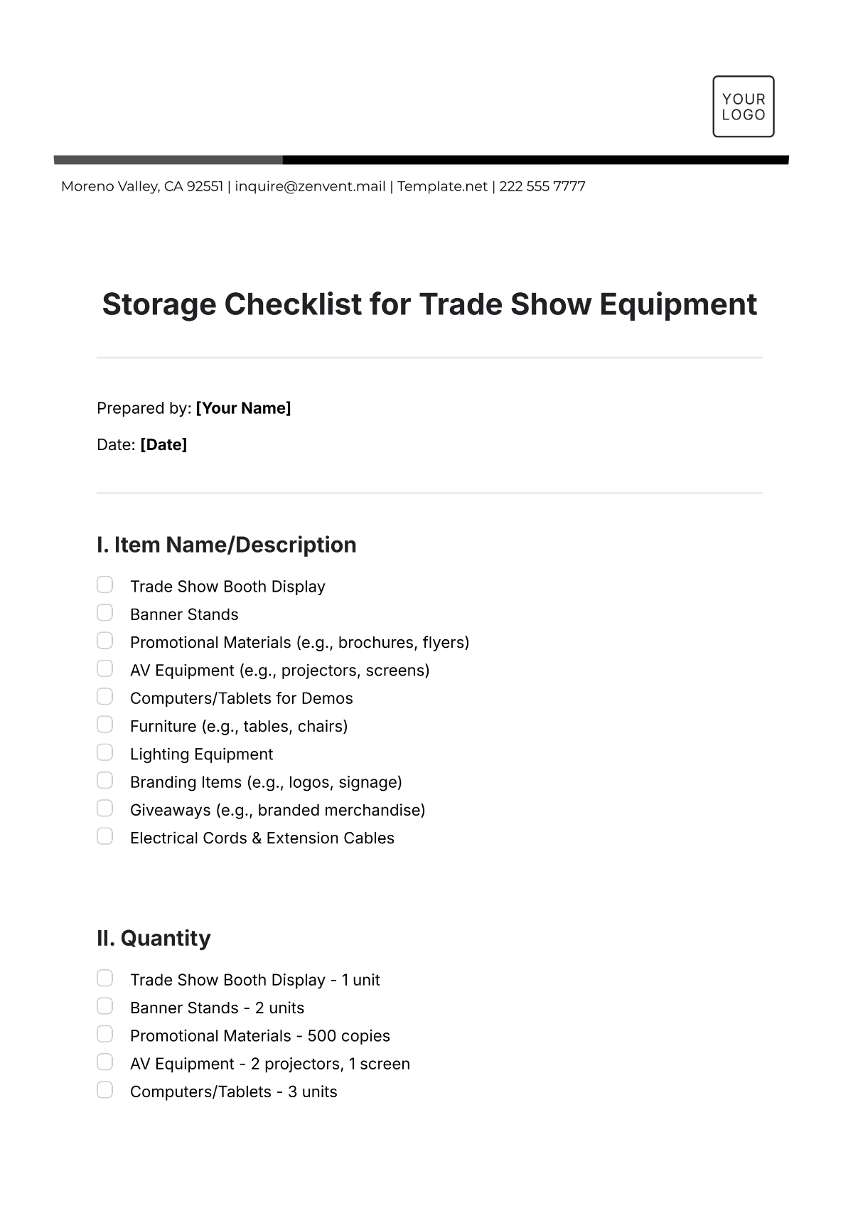 Storage Checklist for Trade Show Equipment Template - Edit Online & Download