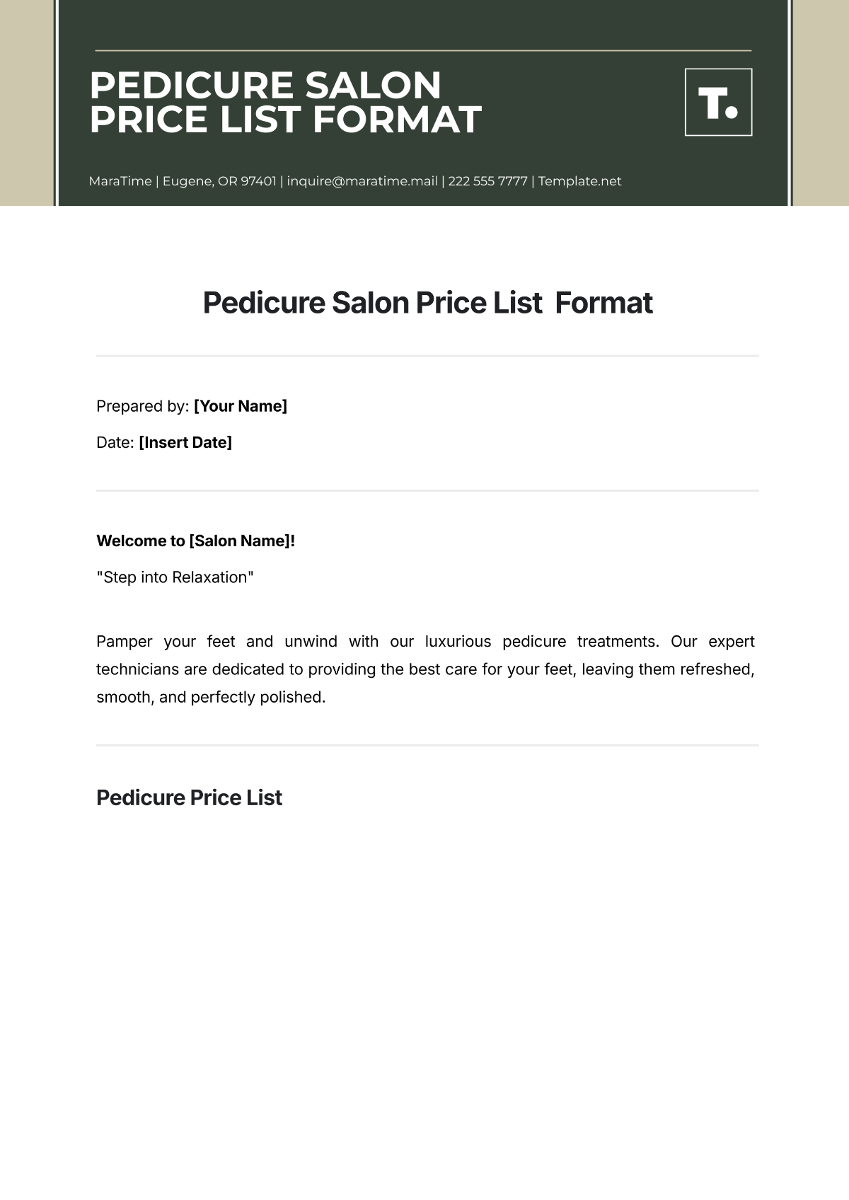 Pedicure Salon Price List  Format Template - Edit Online & Download