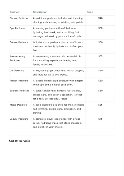 Free Pedicure Salon Price List  Format Template to Edit Online