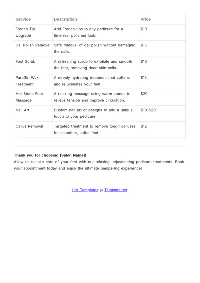 Free Pedicure Salon Price List  Format Template to Edit Online