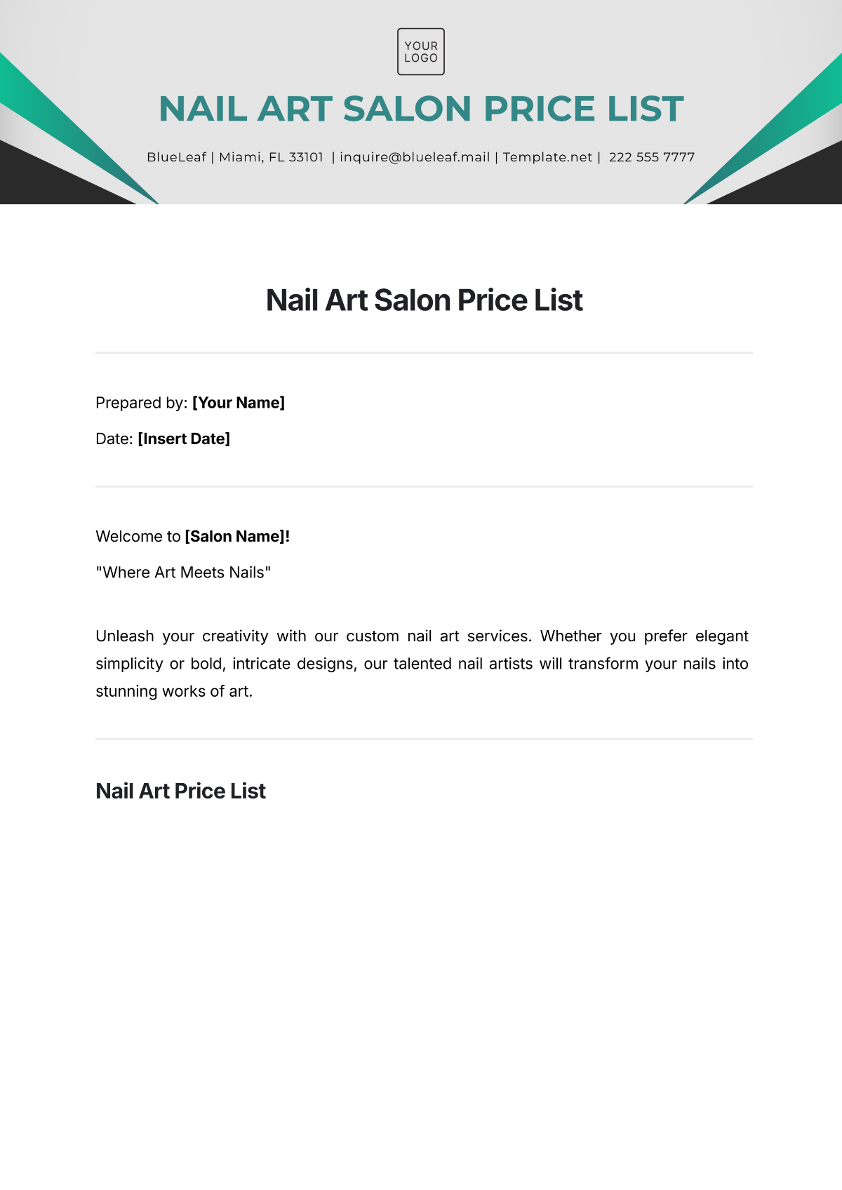 Nail Art Salon Price List Template - Edit Online & Download