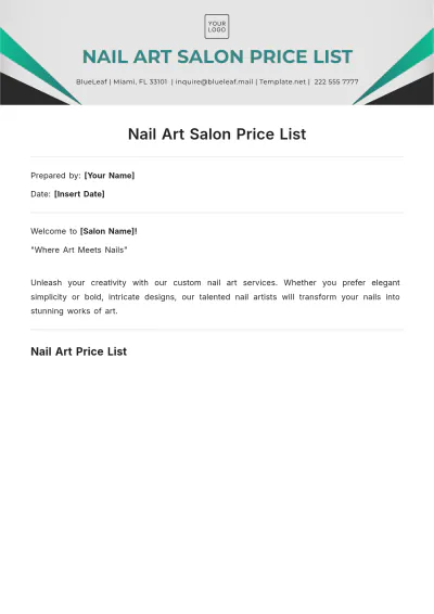 Free Nail Art Salon Price List Template to Edit Online