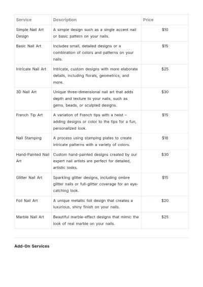Free Nail Art Salon Price List Template to Edit Online