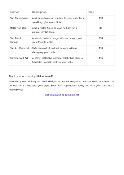 Free Nail Art Salon Price List Template to Edit Online