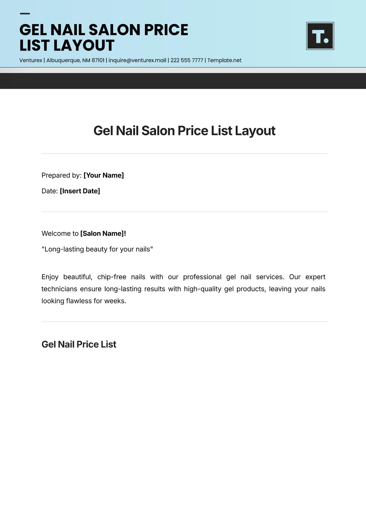 Gel Nail Salon Price List Layout Template - Edit Online & Download