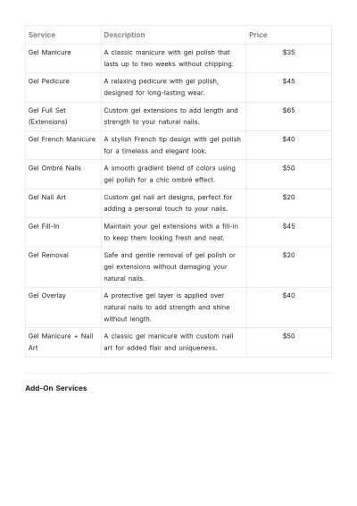 Free Gel Nail Salon Price List Layout Template to Edit Online