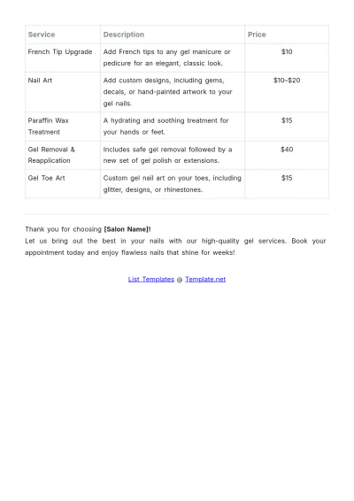 Free Gel Nail Salon Price List Layout Template to Edit Online