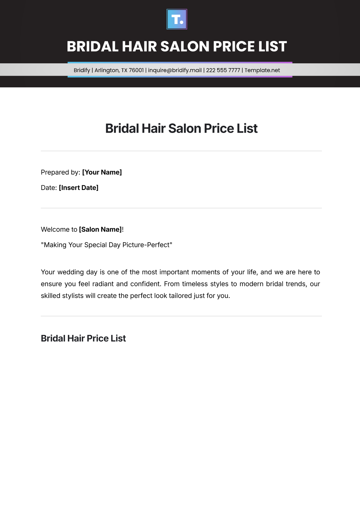 Bridal Hair Salon Price List Template - Edit Online & Download