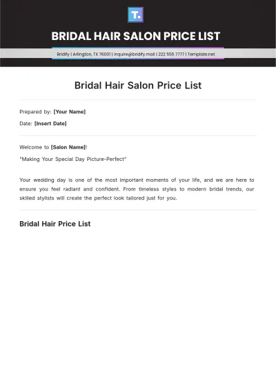 Free Bridal Hair Salon Price List Template to Edit Online
