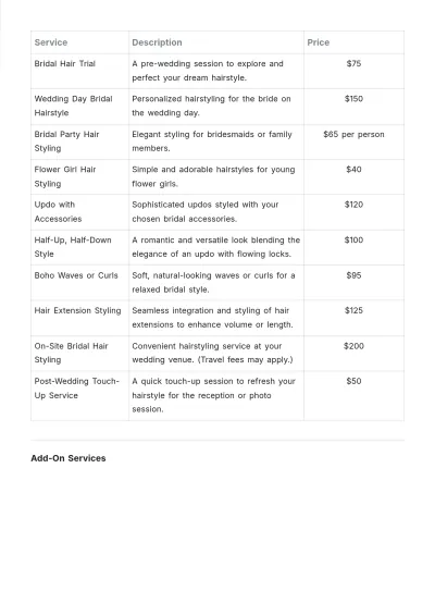 Free Bridal Hair Salon Price List Template to Edit Online