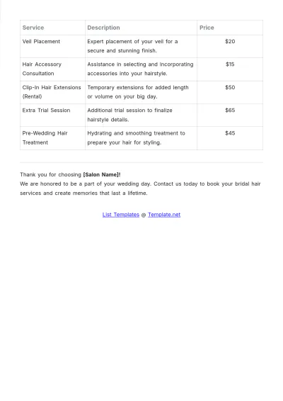 Free Bridal Hair Salon Price List Template to Edit Online