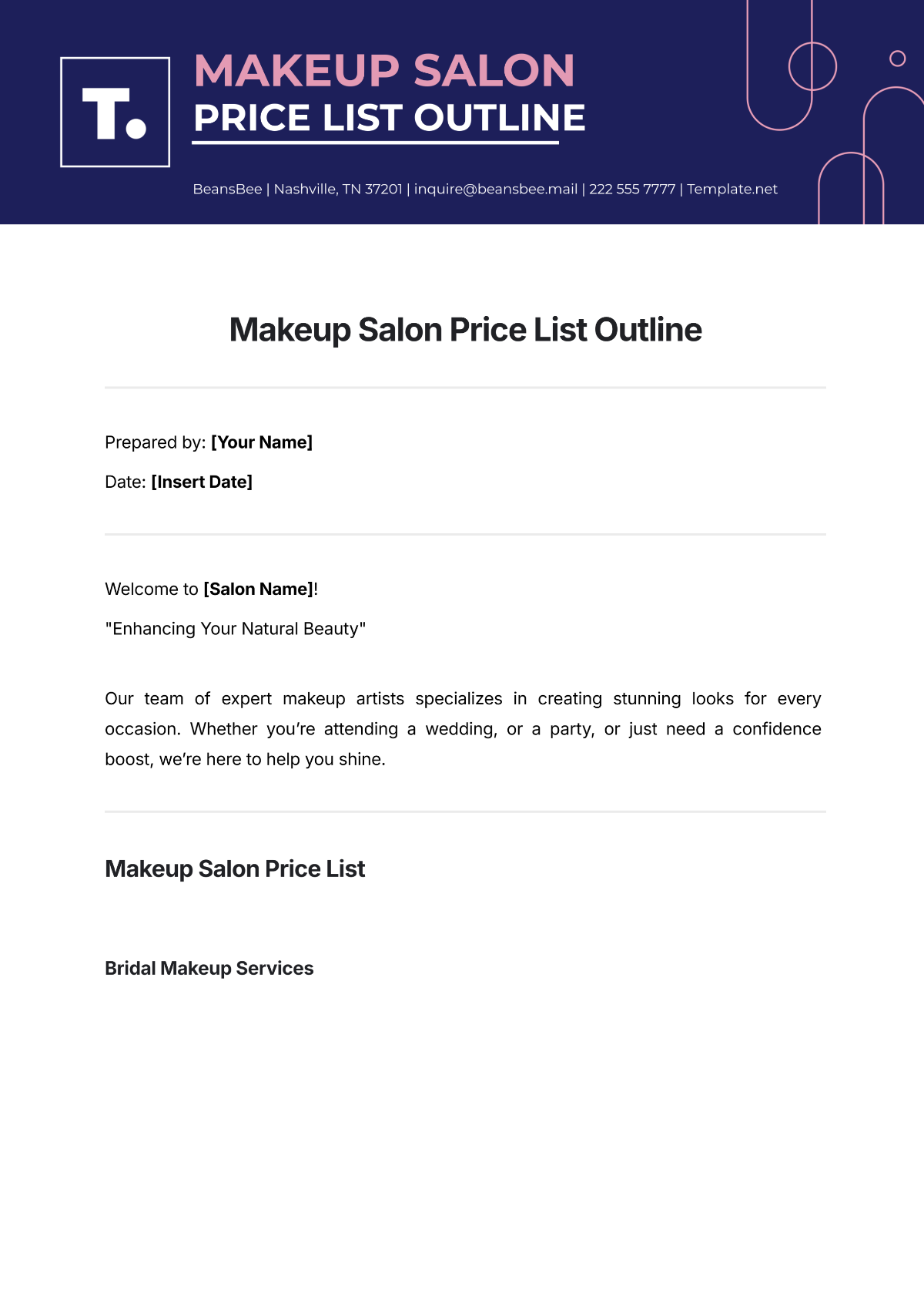 Makeup Salon Price List Outline Template - Edit Online & Download