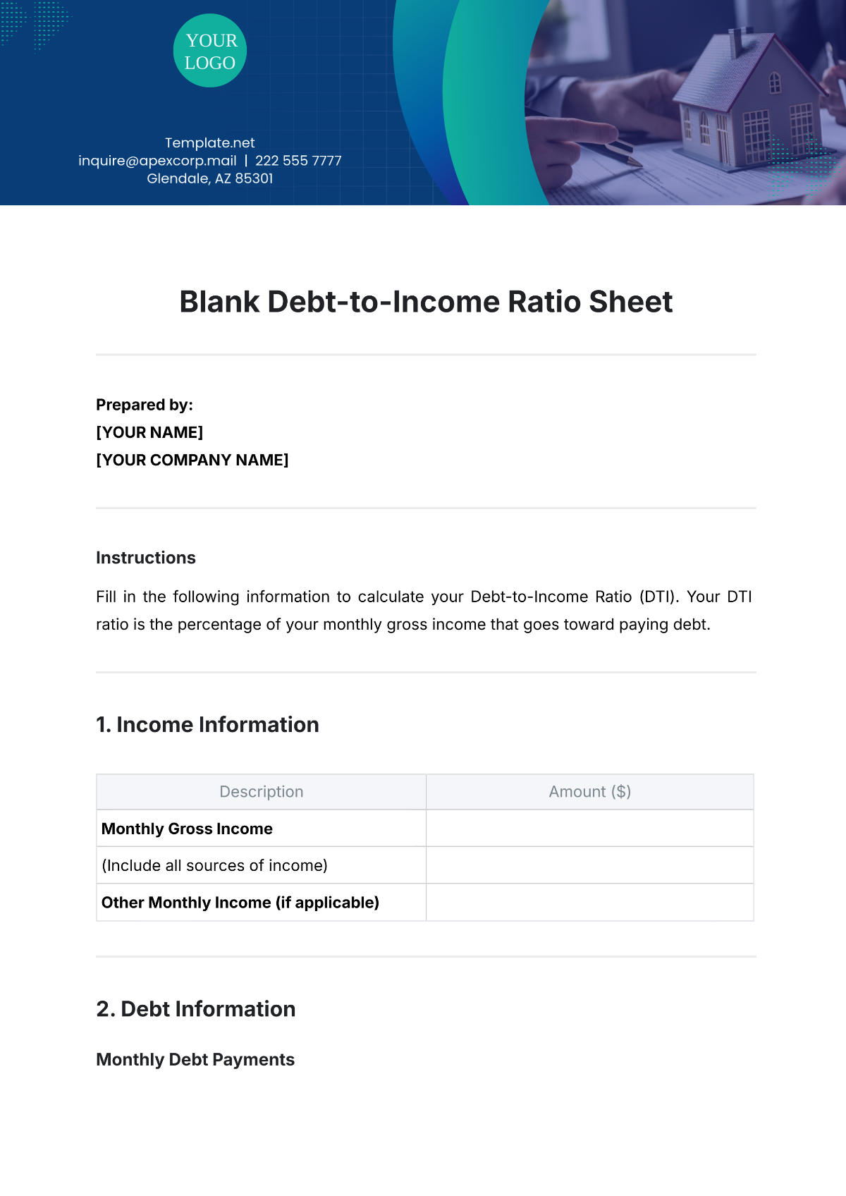 Blank Debt-to-Income Ratio  Sheet Template - Edit Online & Download