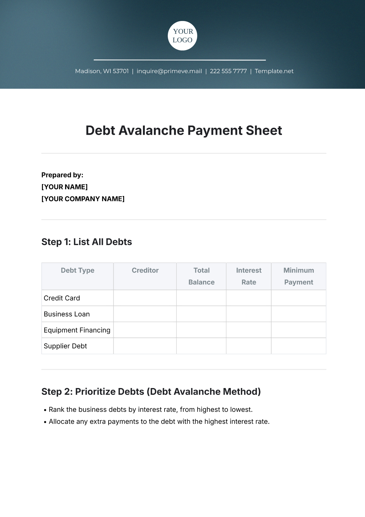 Debt Avalanche Payment Sheet Template - Edit Online & Download