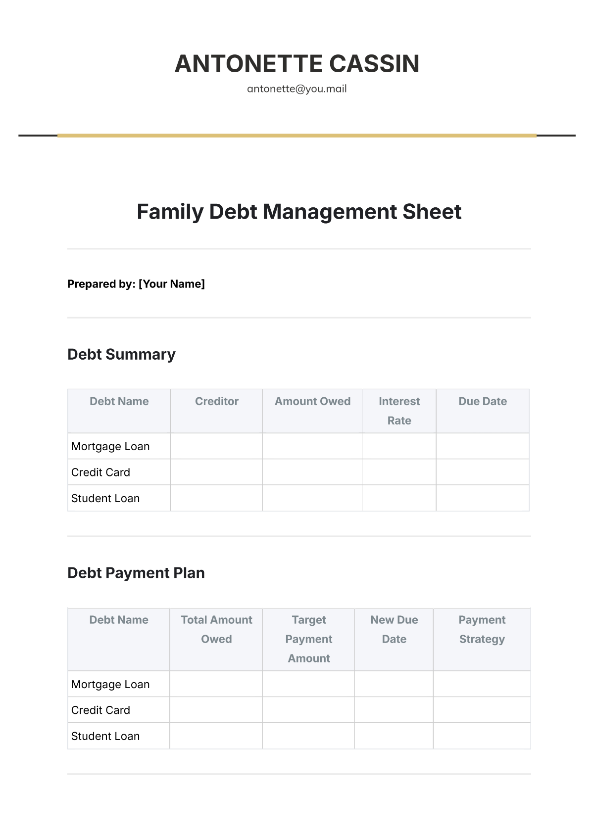 Family Debt Management Sheet Template - Edit Online & Download