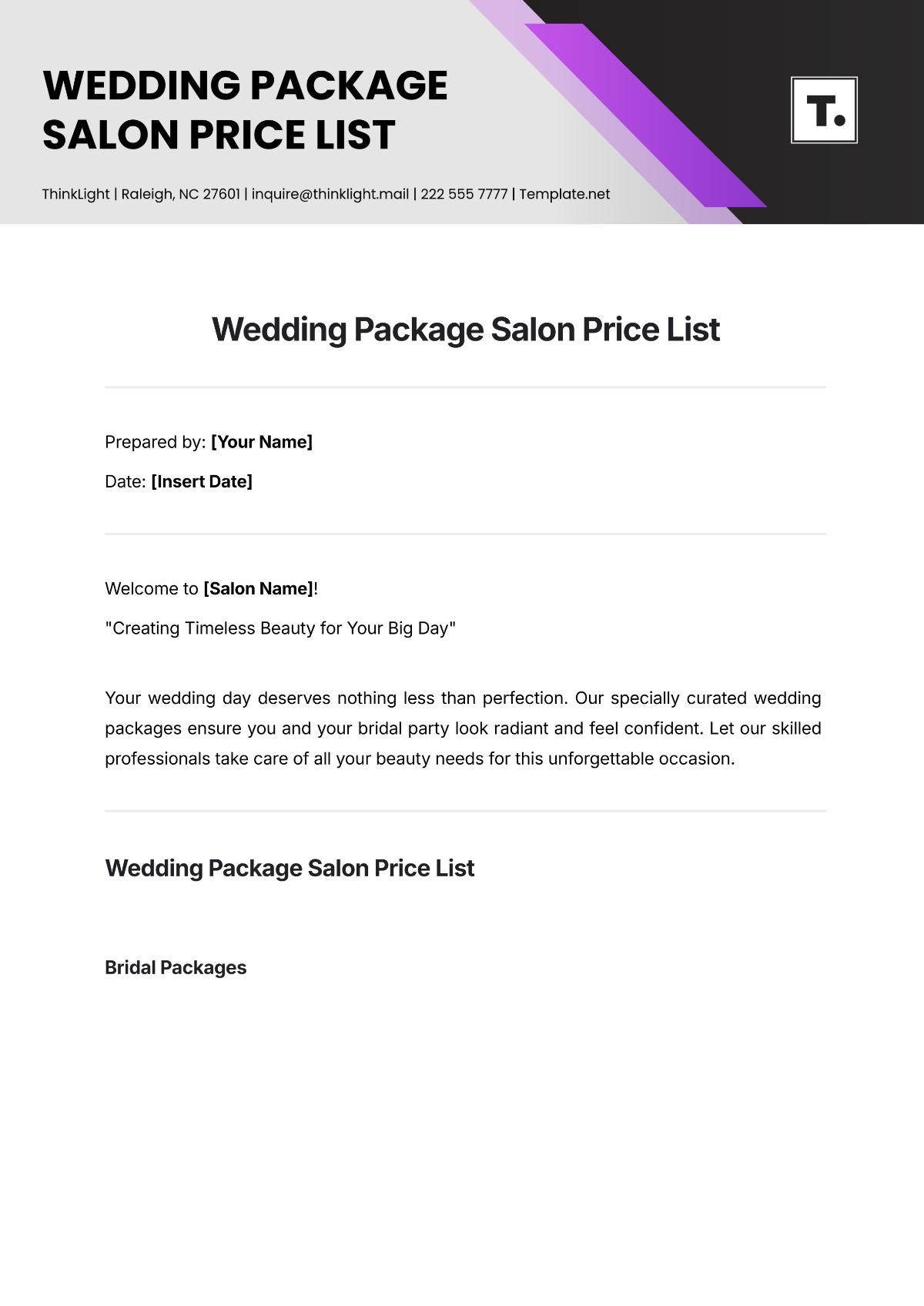 Wedding Package Salon Price List Template - Edit Online & Download