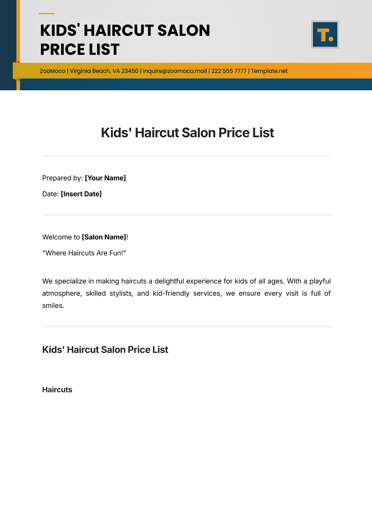 Kids' Haircut Salon Price List Template - Edit Online & Download