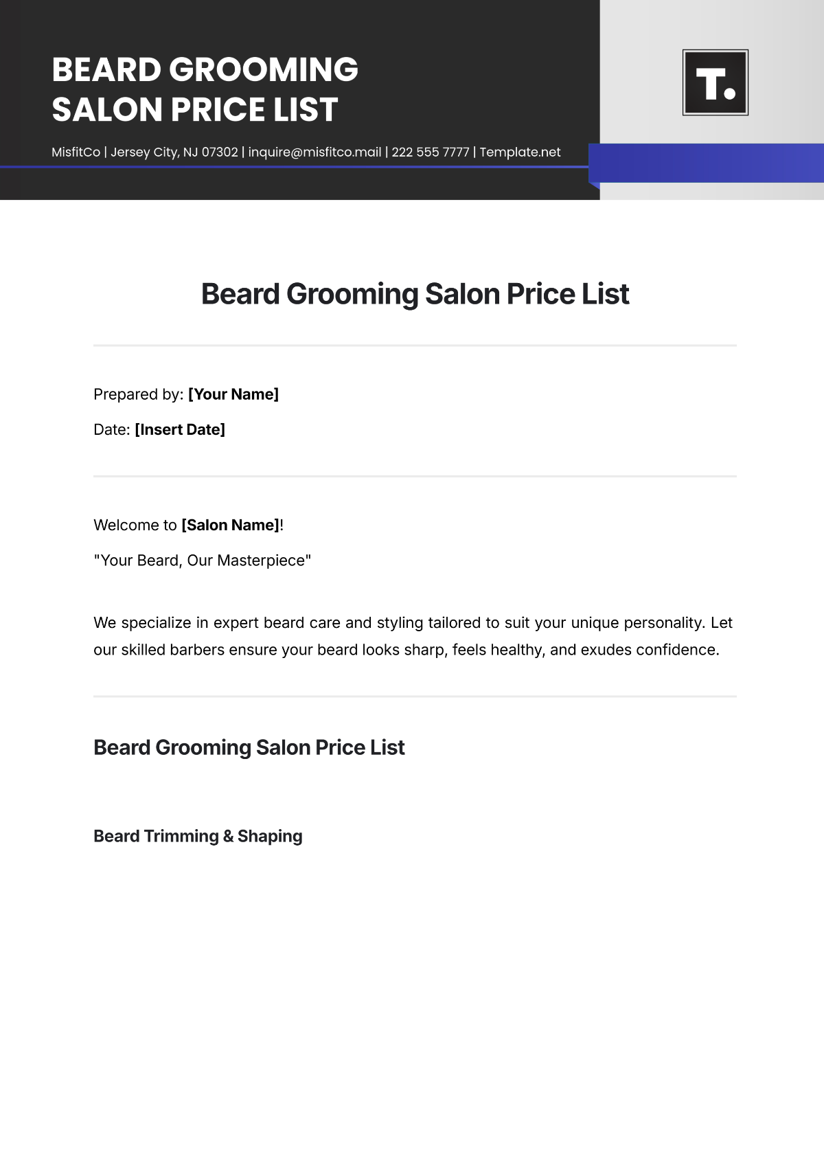 Beard Grooming Salon Price List Template - Edit Online & Download